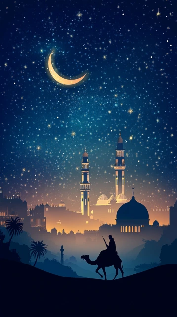 Night Cityscape With Camel Rider