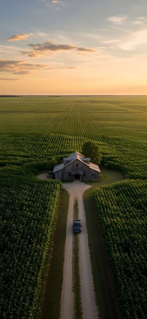 Aerial View of Barn in Cornfield at Sunset