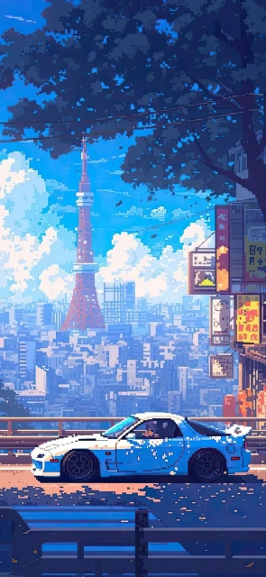 Blue Car Tokyo Tower Pixel Art