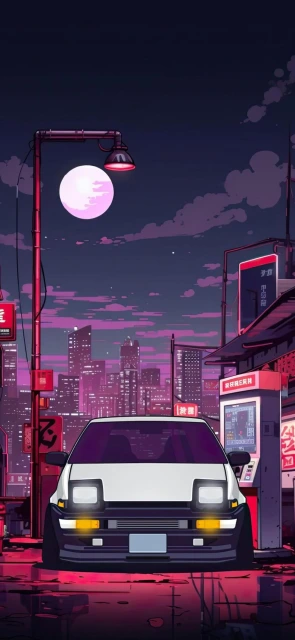 Car Under Moonlit City Street