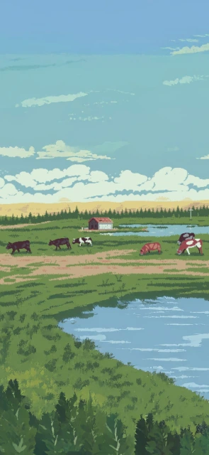 Cows Grazing Near River and Barn