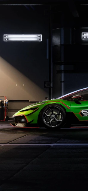 Green Lamborghini in Garage