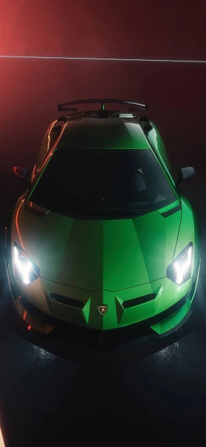 Green Lamborghini With Headlights on