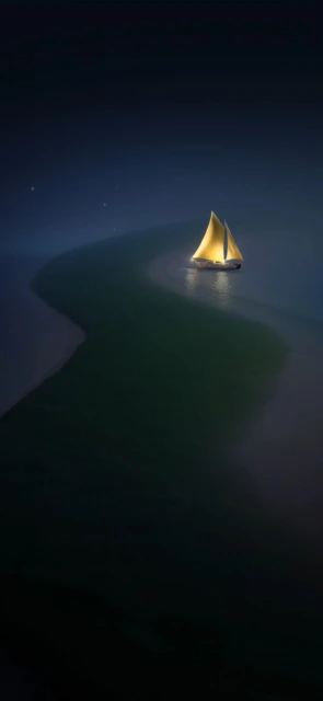 Illuminated Sailboat on Dark Water