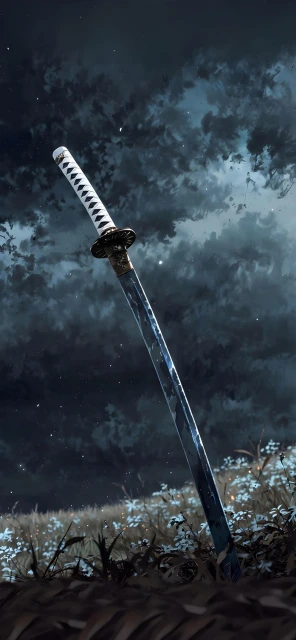 Katana in Field Under Stormy Sky