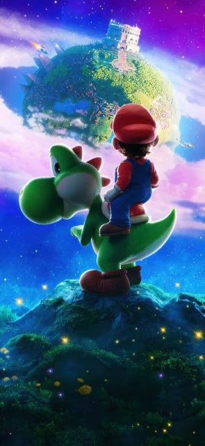 Mario Riding Yoshi Looking at Planet