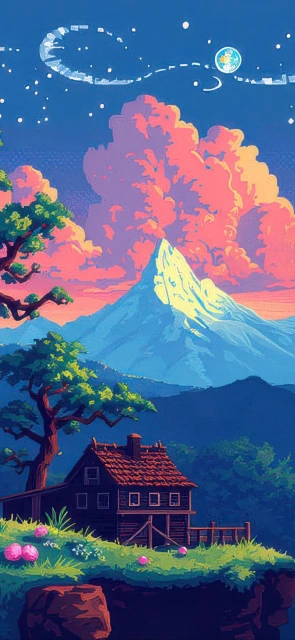 Mountain House Sunset Illustration