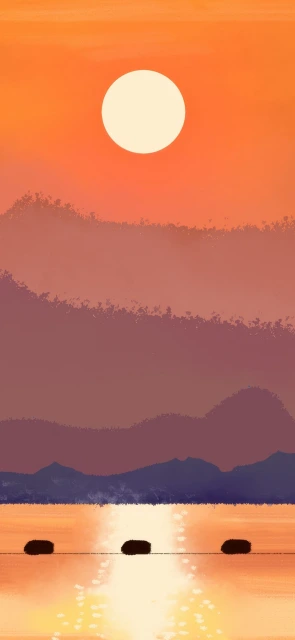 Orange Sunset Over Water With Mountains
