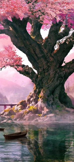 Pink Cherry Tree by Water