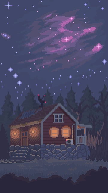 Pixel Art Cabin Under Starry Sky
