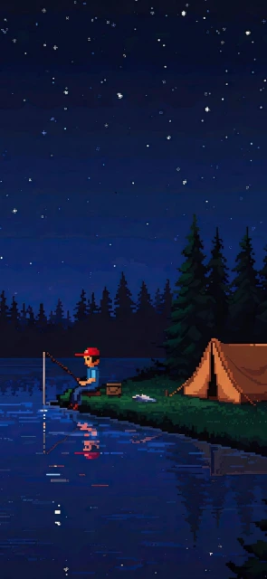 Pixel Art Camping Fishing Night