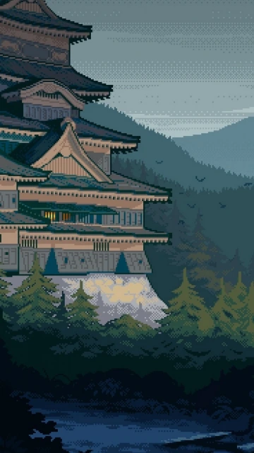 Pixel Art Castle at Night