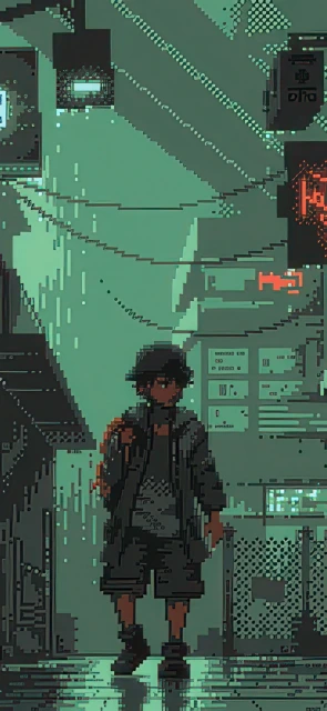 Pixel Art Character in Cyberpunk City