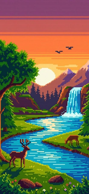 Pixel Art Deer Waterfall Sunset