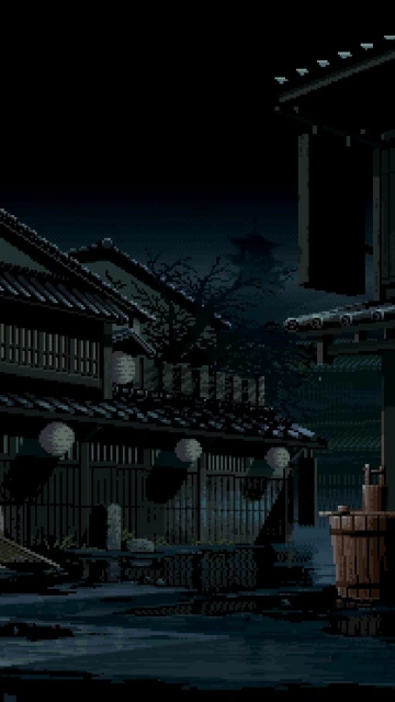 Pixel Art Japanese Village Night