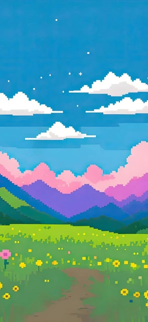 Pixel Art Landscape With Mountains and Flowers