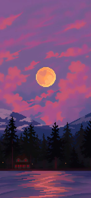 Pixel Art Moon Over Lake