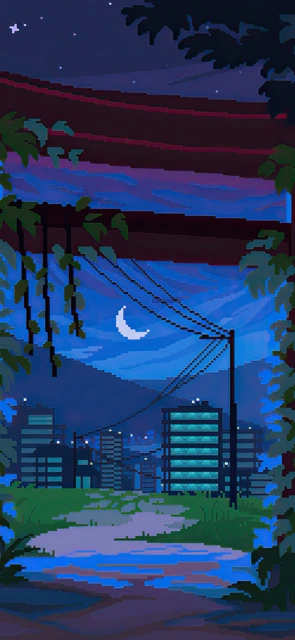 Pixel Art Night Cityscape Moon