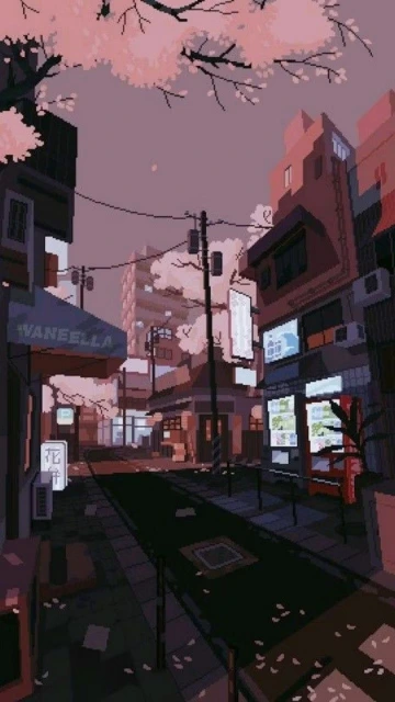 Pixel Art Street Scene With Cherry Blossoms