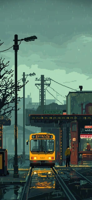 Pixel Art Tram Station Rain