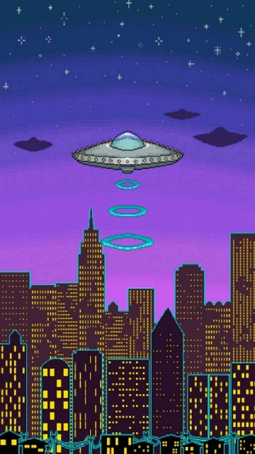 Pixel Art Ufo Over City