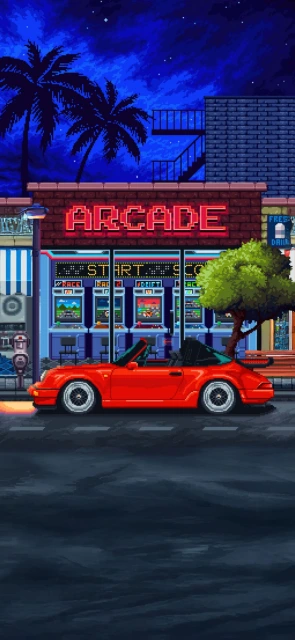 Red Convertible Arcade Night