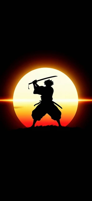 Samurai Silhouette With Sword Against Sun