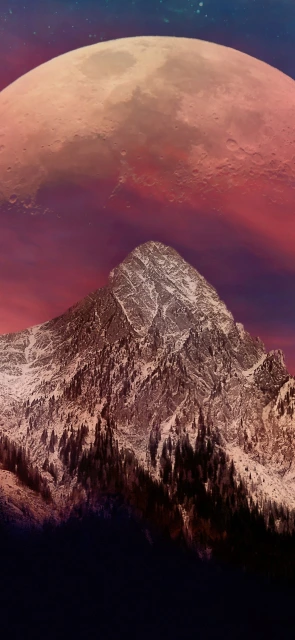 Snowy Mountain Under Large Red Moon