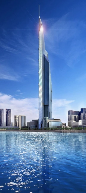 Tall skyscraper by water