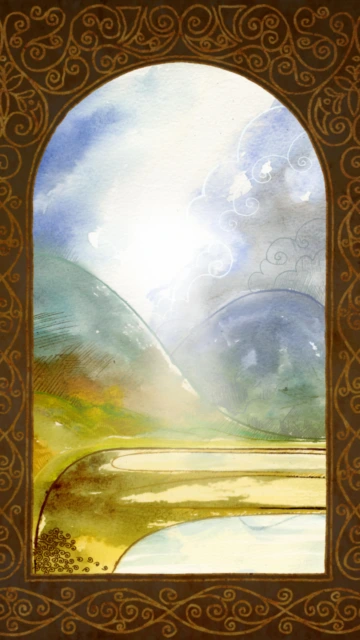 Watercolor Landscape in Ornate Arch Frame