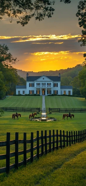 White Mansion With Horses at Sunset