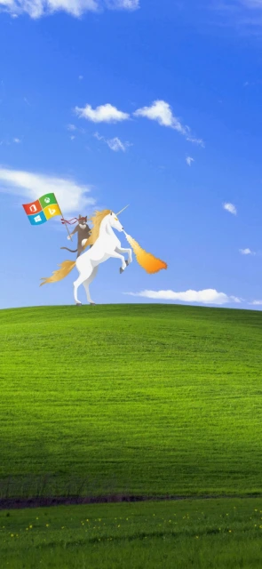 Man Riding Unicorn on Green Hill