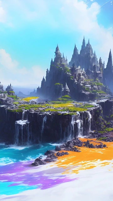 Fantastical Castle Landscape With Waterfalls and Colorful Sand