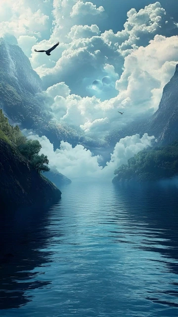 Serene Lake Mountains Clouds Eagle