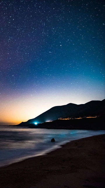 Starry Sky Mountains Night Sea Starsshore 4K