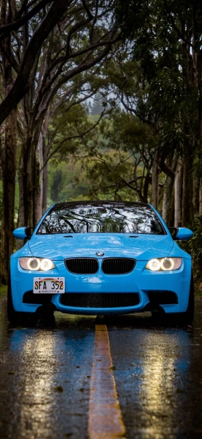 Blue BMW on Wet Road