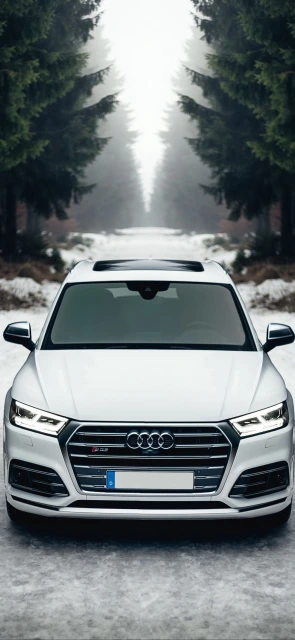 White Audi SUV on Snowy Road