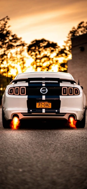 White Mustang GT Rear Flames Sunset