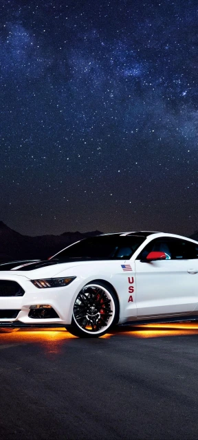 White Mustang USA Car Under Stars