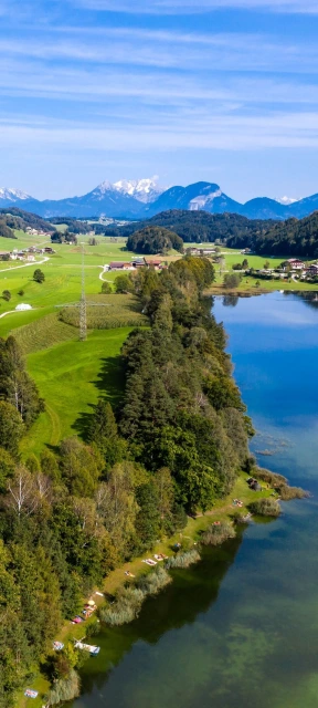 Aerial View of Lake and Mountains