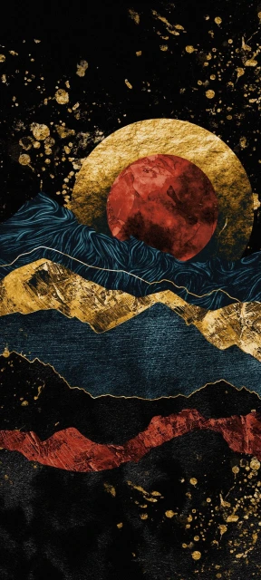 Gold and red moon landscape art