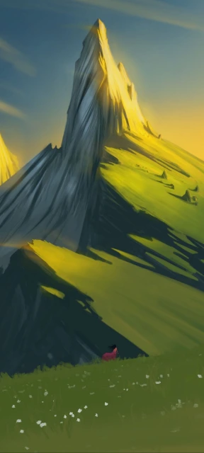 Person sitting at mountain base