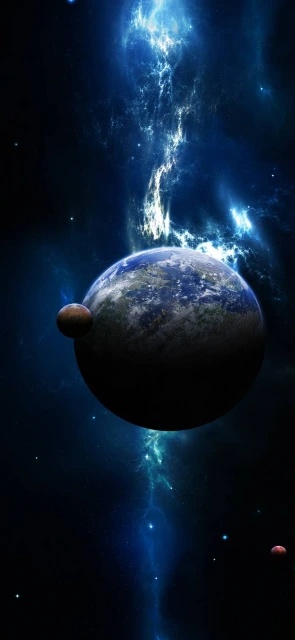 Earth and Moon in Blue Nebula