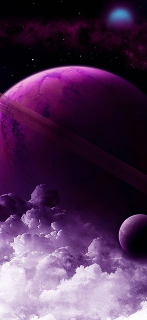 Purple Planet With Rings And Clouds