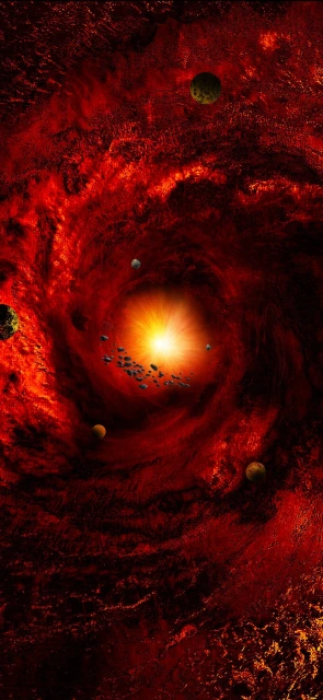 Red Nebula With Planets and Asteroids