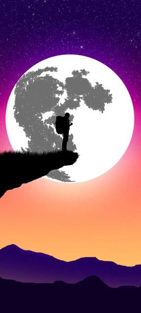Silhouette Hiker on Cliff With Moon