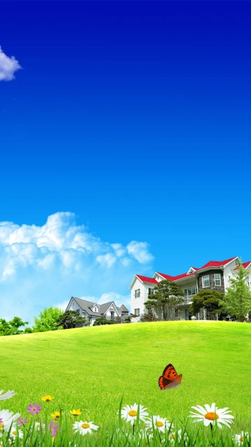 Houses on Green Hill With Butterfly
