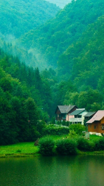 Houses on Green Hillside by Lake